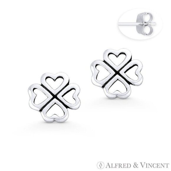 4-Heart Leaf Clover Irish Shamrock Luck Charm .925 Sterling Silver Stud Earrings - Picture 1 of 1